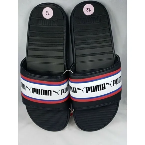 Puma Cool Cat Stripe Repeat Mens Sz  12  Black Red Slip On Slides Sandals New
