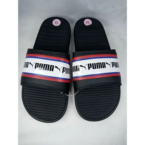 Puma Cool Cat Stripe Repeat Mens Sz  12  Black Red Slip On Slides Sandals New