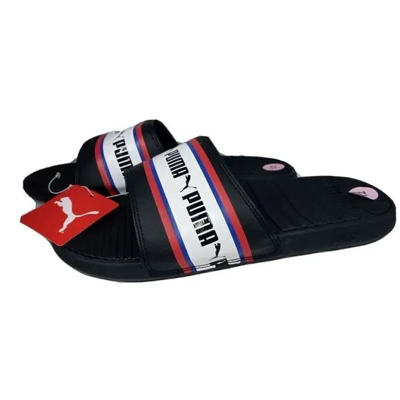Puma Cool Cat Stripe Repeat Mens Sz  12  Black Red Slip On Slides Sandals New