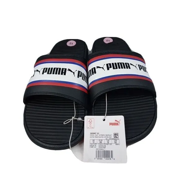 Puma Cool Cat Stripe Repeat Mens Sz  12  Black Red Slip On Slides Sandals New
