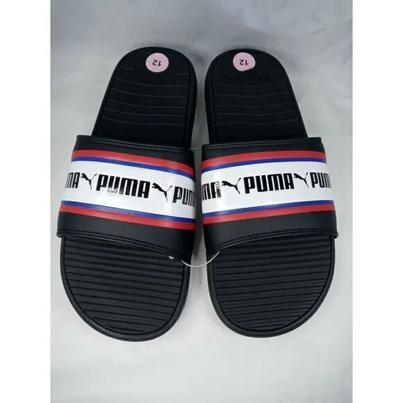 Puma Cool Cat Stripe Repeat Mens Sz  12  Black Red Slip On Slides Sandals New