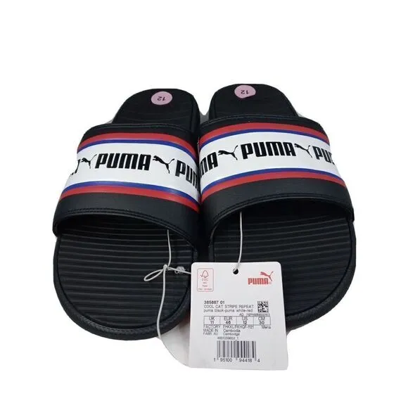 Puma Cool Cat Stripe Repeat Mens Sz  12  Black Red Slip On Slides Sandals New
