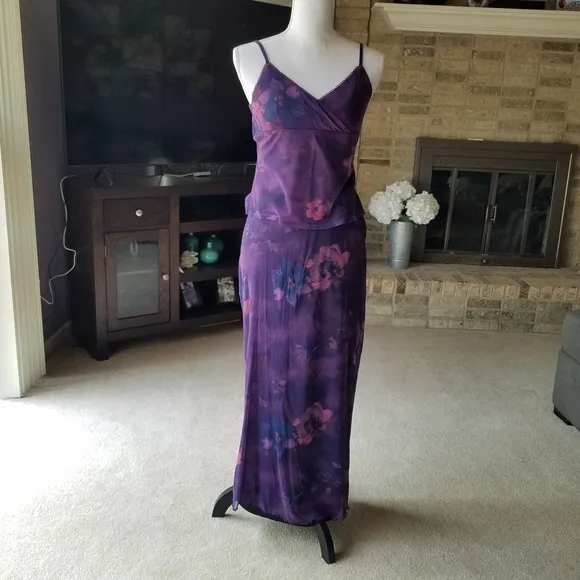 Purple Floral Print Maxi Skirt &amp; Matching Faux Wrap Cami Top SET