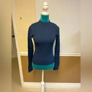 Rag &amp; Bone New York Mock Neck Ribbed Knit Sweater Size S Slate Blue Thumb Holes