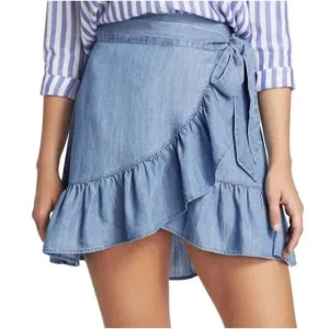 Rails Blue Etienne Chambray Ruffle Linen Blend Wrap Skirt Size Large