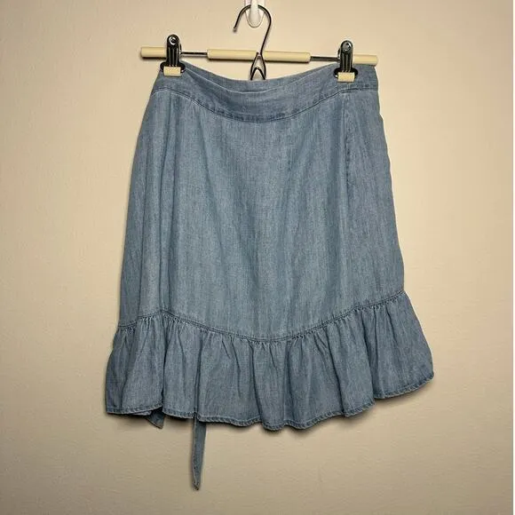 Rails Blue Etienne Chambray Ruffle Linen Blend Wrap Skirt Size Large