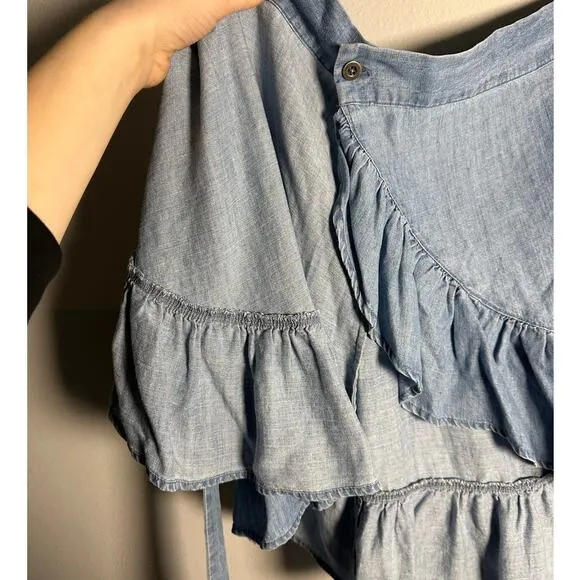 Rails Blue Etienne Chambray Ruffle Linen Blend Wrap Skirt Size Large