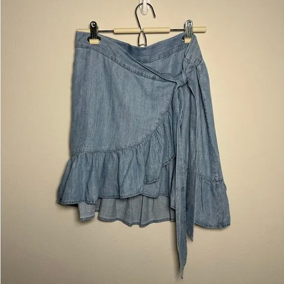Rails Blue Etienne Chambray Ruffle Linen Blend Wrap Skirt Size Large
