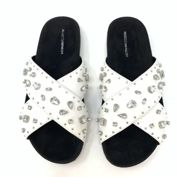 Rebecca Minkoff White Theo Jeweled Leather Slide Sandals