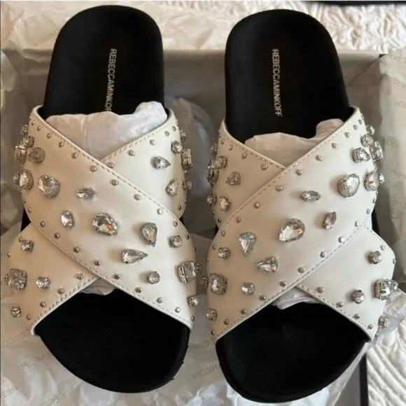 Rebecca Minkoff White Theo Jeweled Leather Slide Sandals