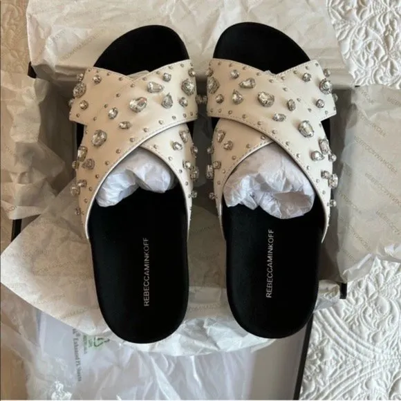 Rebecca Minkoff White Theo Jeweled Leather Slide Sandals