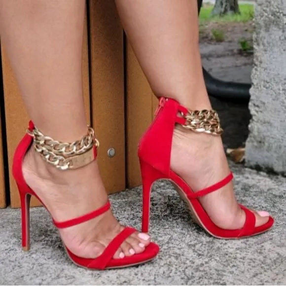 Red Two‎ Part Stiletto Heeled Chain Sandals