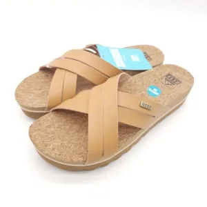 Reef Kaia Cross (Womens 10) Platform Strappy Slip On Sandals Cork Slides Natural