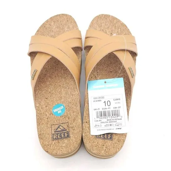 Reef Kaia Cross (Womens 10) Platform Strappy Slip On Sandals Cork Slides Natural
