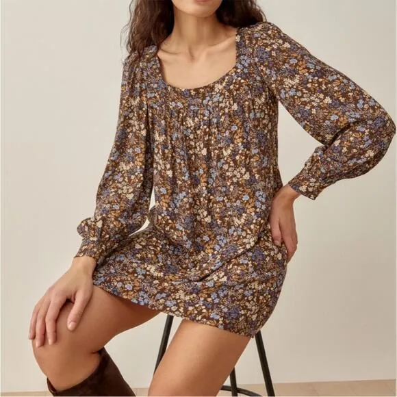 Reformation Blake mini dress morel brown floral - large