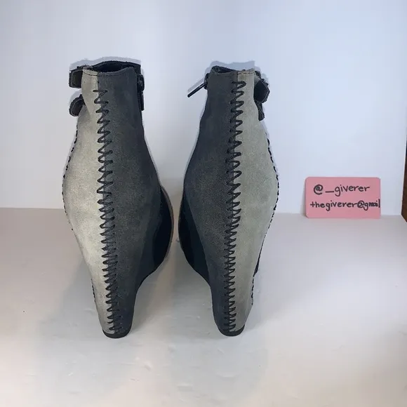 Restricted Suede Black &amp; Blue Patchwork Wedge Buckle Booties