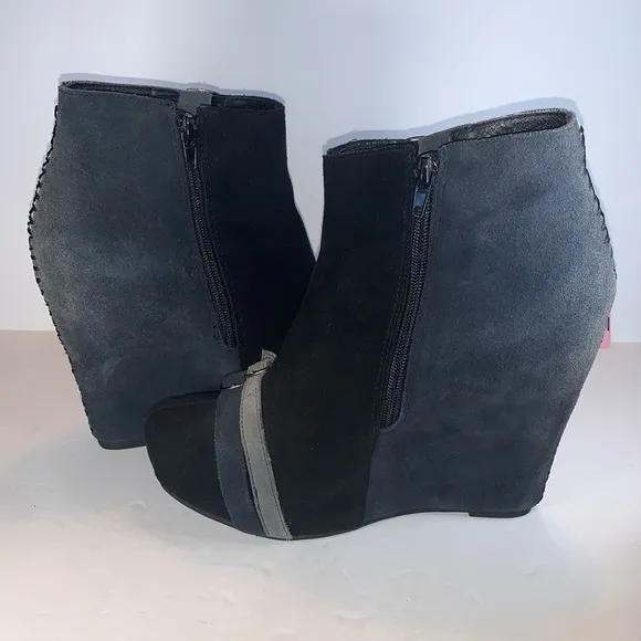 Restricted Suede Black &amp; Blue Patchwork Wedge Buckle Booties
