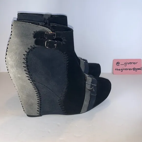 Restricted Suede Black &amp; Blue Patchwork Wedge Buckle Booties