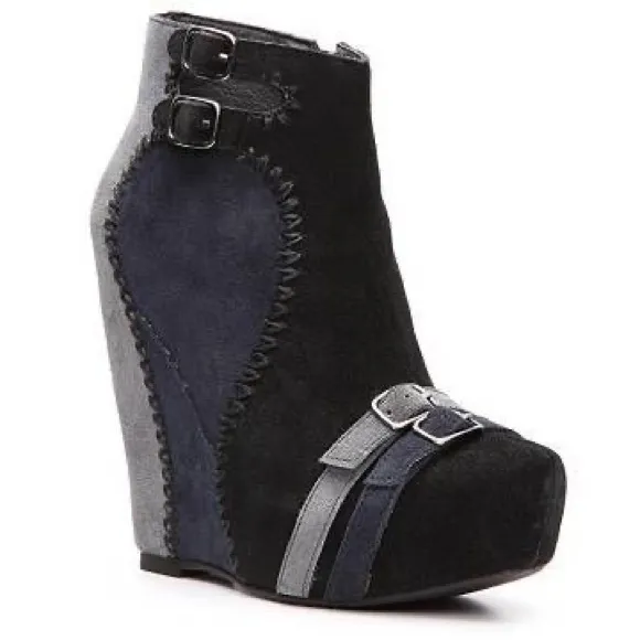 Restricted Suede Black &amp; Blue Patchwork Wedge Buckle Booties