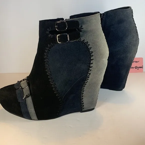 Restricted Suede Black &amp; Blue Patchwork Wedge Buckle Booties