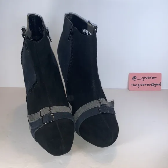 Restricted Suede Black &amp; Blue Patchwork Wedge Buckle Booties