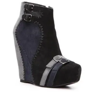 Restricted Suede Black &amp; Blue Patchwork Wedge Buckle Booties