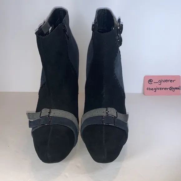 Restricted Suede Black &amp; Blue Patchwork Wedge Buckle Booties