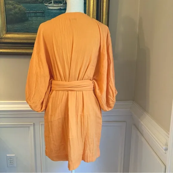 RHODE Arya Yellow Orange Cotton Gauze V Neck Dress with Sash Tie Belt