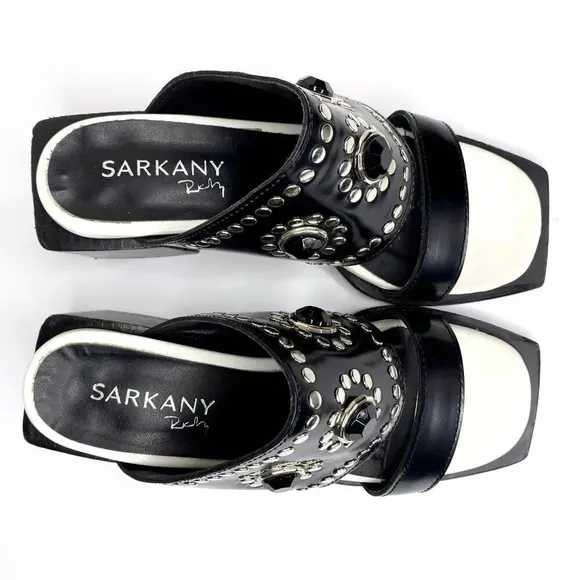 Ricky Sarkany Sandals Size 6 (36) Jewel Studded Chunky Stacked Block Heel Slides