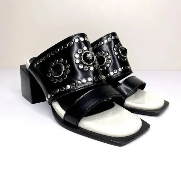 Ricky Sarkany Sandals Size 6 (36) Jewel Studded Chunky Stacked Block Heel Slides