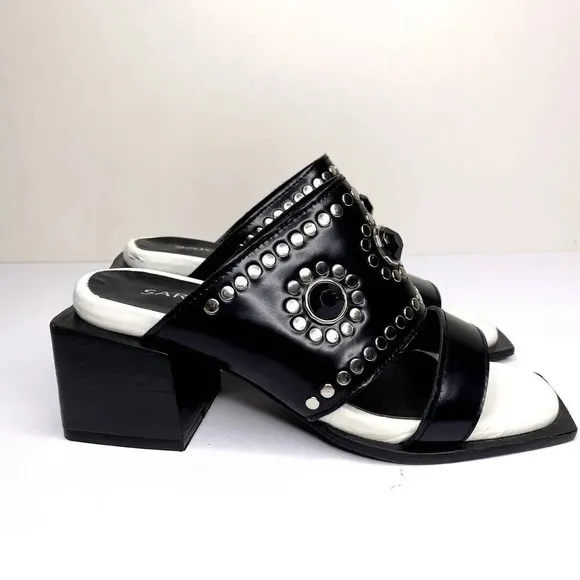 Ricky Sarkany Sandals Size 6 (36) Jewel Studded Chunky Stacked Block Heel Slides