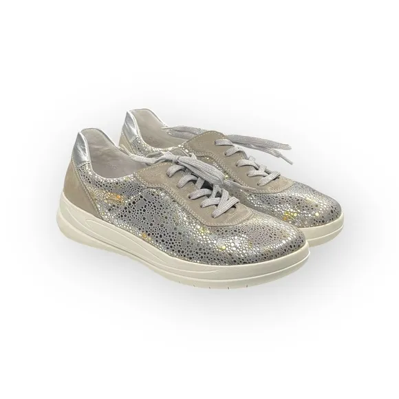 Rieker ᪥ French Remonte Metal Flower Sneakers ᪥ Gold Silver Metallic Print ᪥ 40