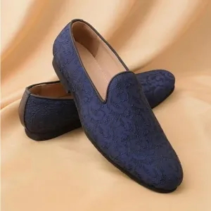 Royal Self Embroidered Blue Shode Loafer Style Juti Size 9