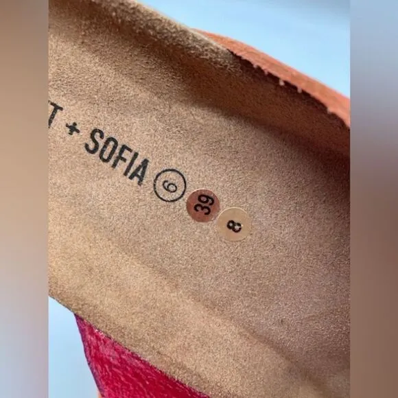 Saint and Sofia Women’s Cross Over Slides Orange Pink Leather Cork Slip On Sz 8