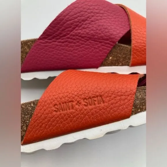 Saint and Sofia Women’s Cross Over Slides Orange Pink Leather Cork Slip On Sz 8