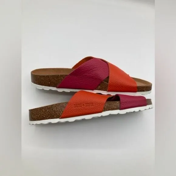 Saint and Sofia Women’s Cross Over Slides Orange Pink Leather Cork Slip On Sz 8