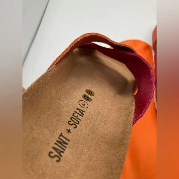 Saint and Sofia Women’s Cross Over Slides Orange Pink Leather Cork Slip On Sz 8