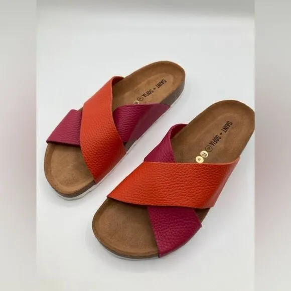 Saint and Sofia Women’s Cross Over Slides Orange Pink Leather Cork Slip On Sz 8