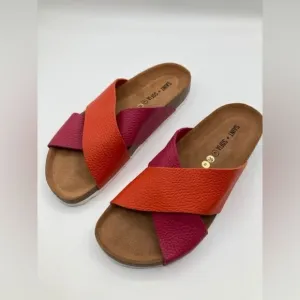 Saint and Sofia Women’s Cross Over Slides Orange Pink Leather Cork Slip On Sz 8