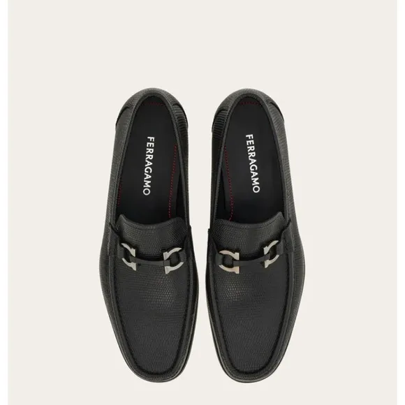 Salvatore Ferragamo Black Leather Loafers with Metallic Accents