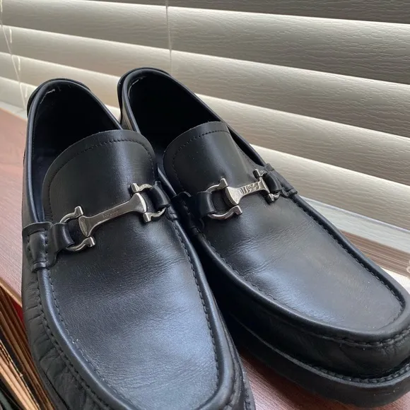Salvatore Ferragamo Black Leather Loafers with Metallic Accents
