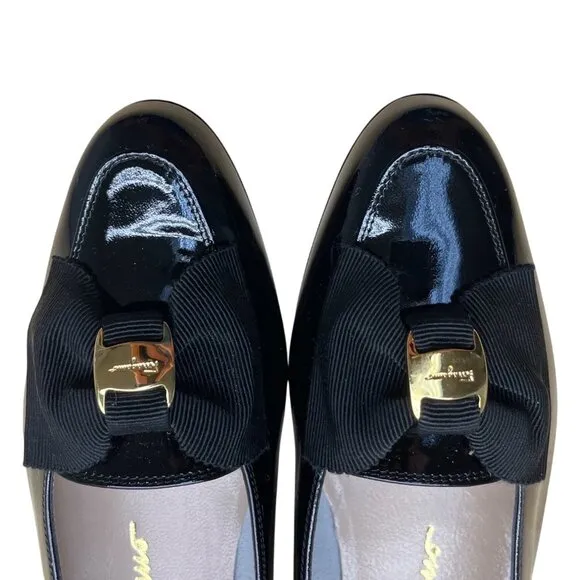 Salvatore Ferragamo Black Patent Leather Paragone Vara Bow Loafers Sz 5.5 B