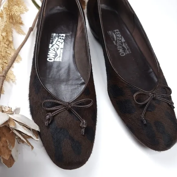 Salvatore Ferragamo Brown Black Leopard Fur Loafer Flats Sz 8½B