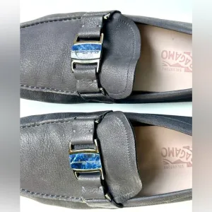 Salvatore Ferragamo Lapis Logo Gray Leather Slip-On Driver Loafers, 11