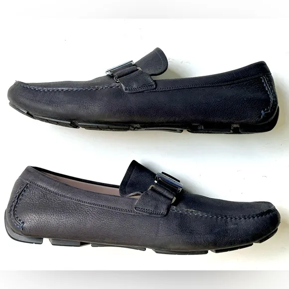 Salvatore Ferragamo Lapis Logo Gray Leather Slip-On Driver Loafers, 11