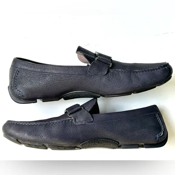 Salvatore Ferragamo Lapis Logo Gray Leather Slip-On Driver Loafers, 11