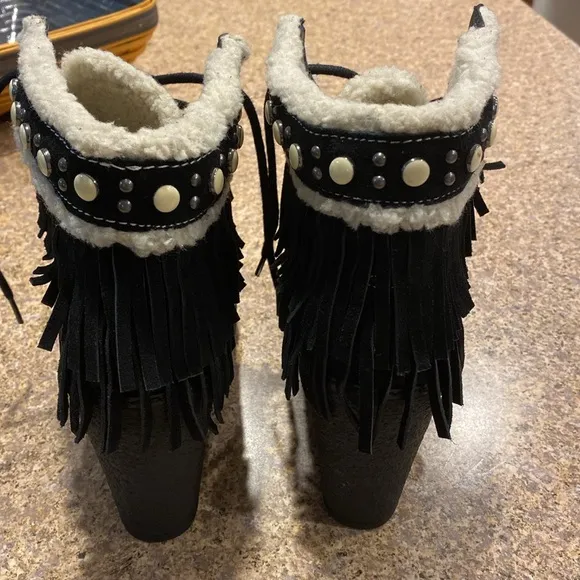Sam Edelman Kemper Fringe Platform Wedge Boots 7.5 Suede Black Ivory
