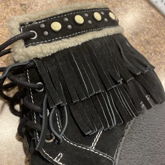 Sam Edelman Kemper Fringe Platform Wedge Boots 7.5 Suede Black Ivory