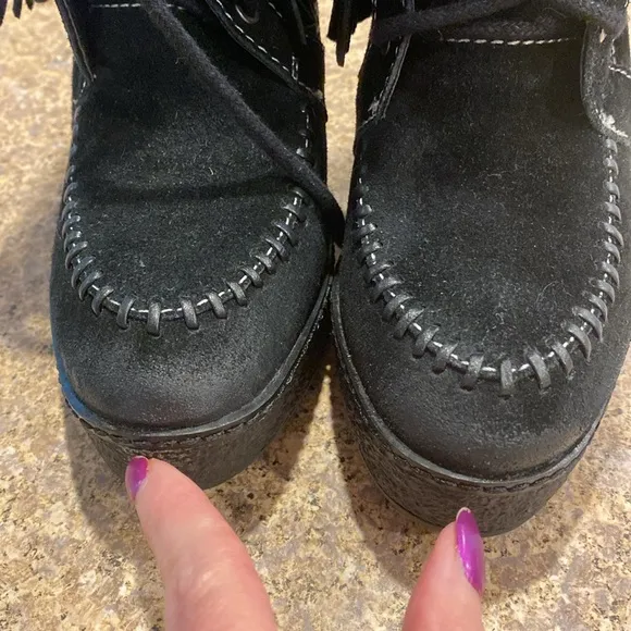 Sam Edelman Kemper Fringe Platform Wedge Boots 7.5 Suede Black Ivory