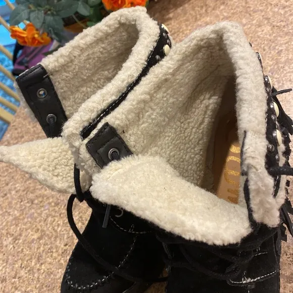 Sam Edelman Kemper Fringe Platform Wedge Boots 7.5 Suede Black Ivory